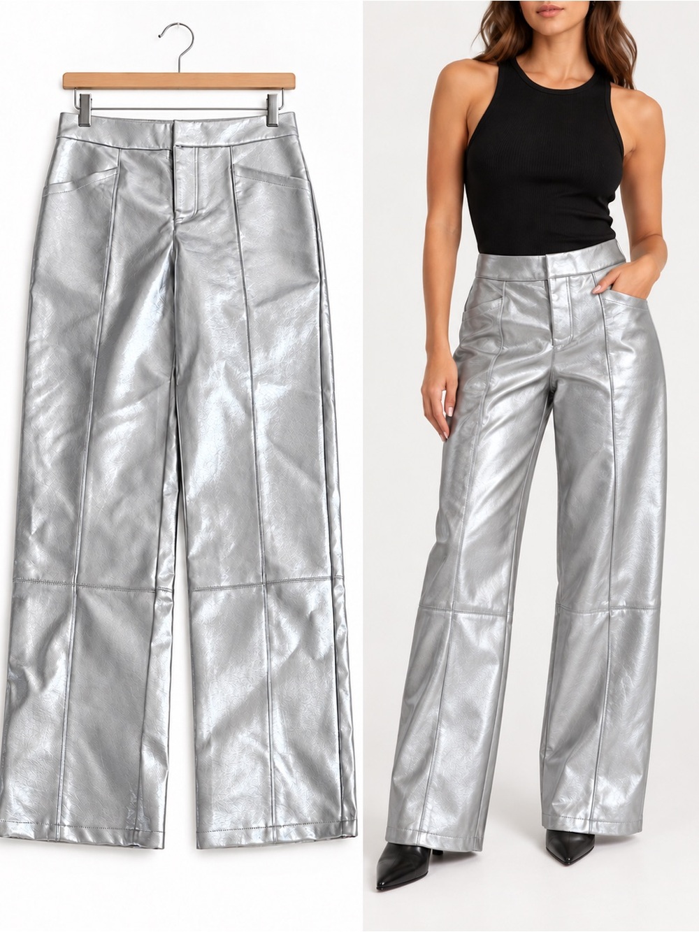 Avec Les Filles Silver Metallic Faux Leather Wide Leg Pants S